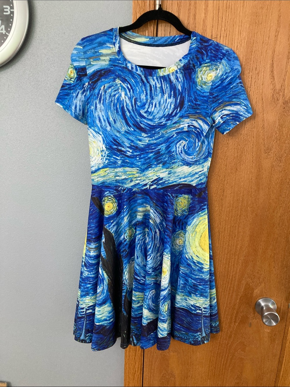 Starry Night Print Skater Dress - Blue & Yellow